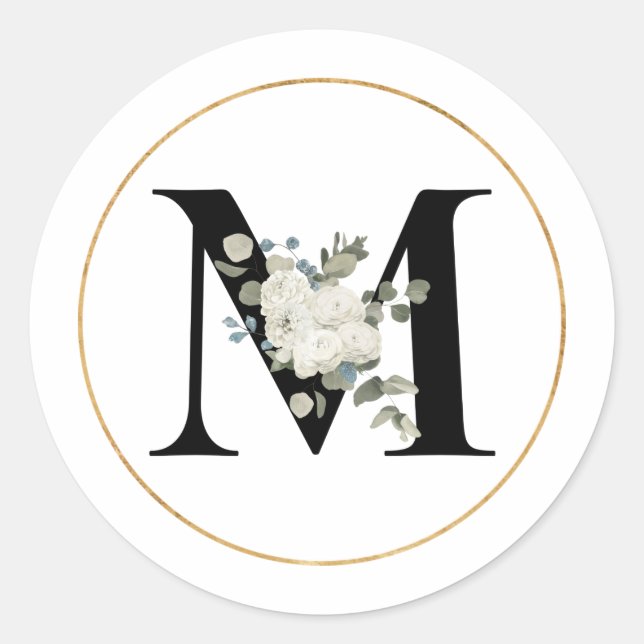 Elegant White Floral Monogram Letter M on White  Classic Round Sticker (Front)