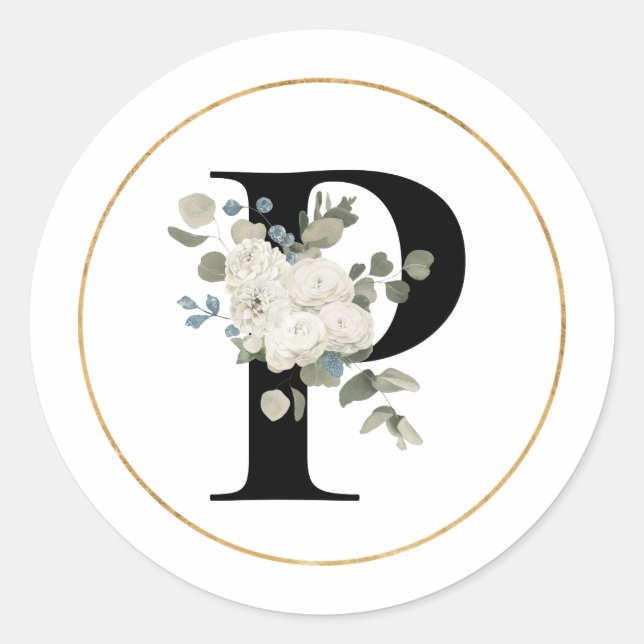 Elegant White Floral Monogram Letter P on White  Classic Round Sticker (Front)