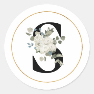 Elegant White Floral Monogram Letter S on White   Classic Round Sticker
