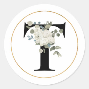Elegant White Floral Monogram Letter T on White  Classic Round Sticker