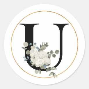 Elegant White Floral Monogram Letter U on White Classic Round Sticker