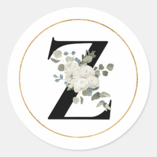 Elegant White Floral Monogram Letter Z on White  Classic Round Sticker