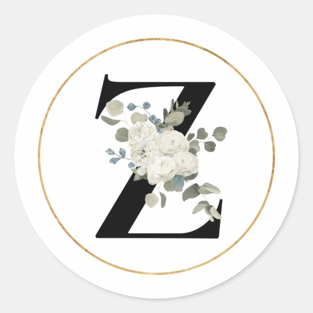 Elegant White Floral Monogram Letter Z on White  Classic Round Sticker (Front)