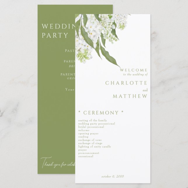Elegant White Floral Moss Green Wedding Program Menu (Front/Back)