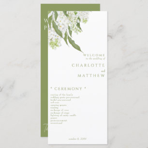 Elegant White Floral Moss Green Wedding Program Menu