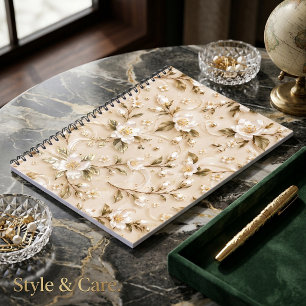 Elegant White Floral Olive Gold Botanical Pattern Notebook