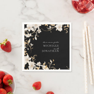 Elegant White Floral on Black Wedding Bible Verse  Napkin