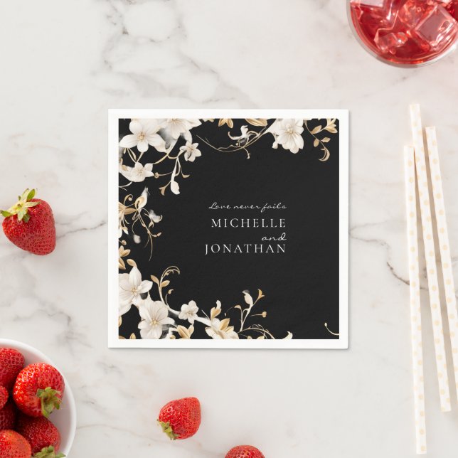 Elegant White Floral on Black Wedding Bible Verse  Napkin (Insitu)