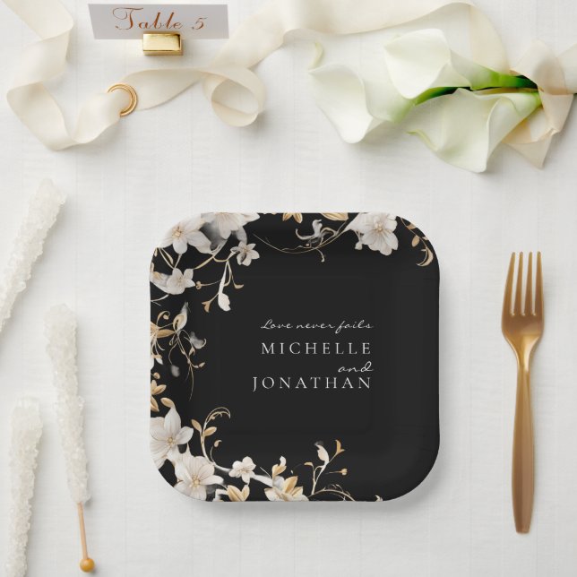Elegant White Floral on Black Wedding Bible Verse Paper Plate (Wedding)