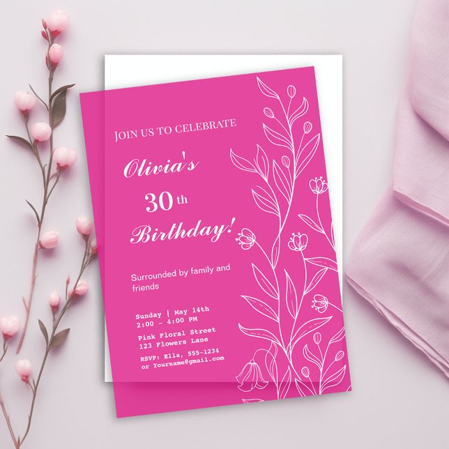Elegant White Floral On Hot Pink 30th Birthday  Vellum Invitations (Creator Uploaded)