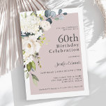 Elegant White Floral on Mauve 60th Birthday Invitation<br><div class="desc">With a popular colour scheme, this feminine 60th birthday party invitation features a corner bouquet of white watercolor florals with trailing eucalyptus greenery on a mauve pinkish-purple background. The flowers include roses, hydrangeas and matching mixed florals for a lovely effect. The text pairings used in this design feature a combination...</div>