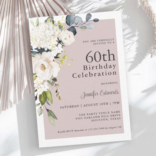 Elegant White Floral on Mauve 60th Birthday Invitation (Creator Uploaded)