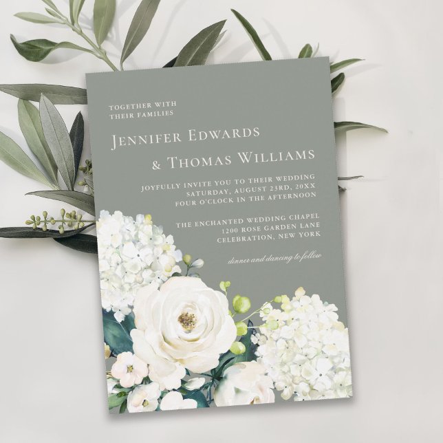 Elegant White Floral on Sage Green Wedding Invitation (Creator Uploaded)