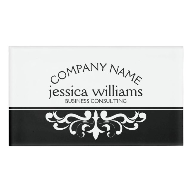 Elegant White Floral Ornament Name Tag (Front)