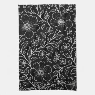 Elegant White Floral Pattern Black Tea Towel