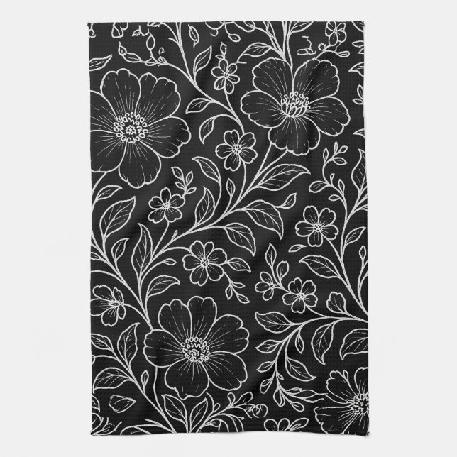 Elegant White Floral Pattern Black Tea Towel (Vertical)