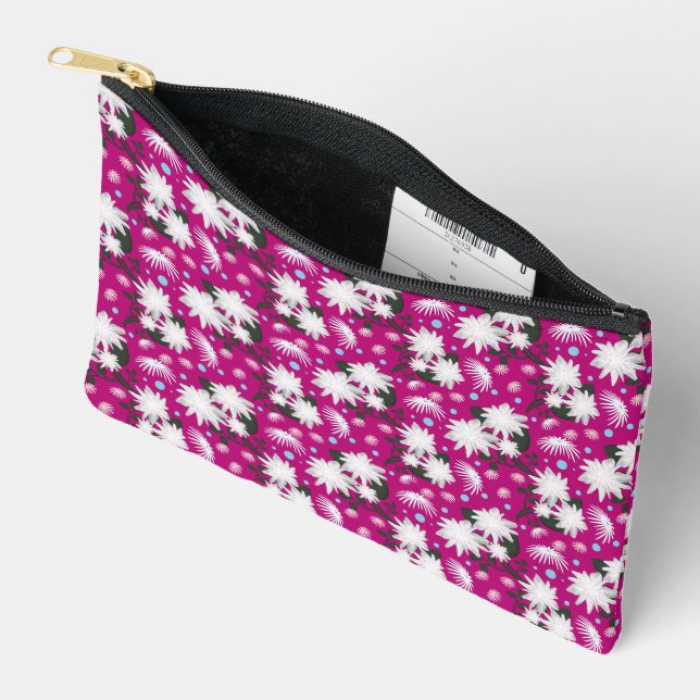 Elegant White Floral Pattern Botanical Design Accessory Pouch (Open)