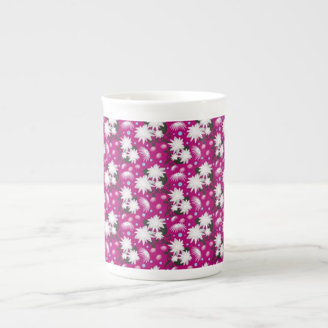 Elegant White Floral Pattern Botanical Design Bone China Mug (Front)