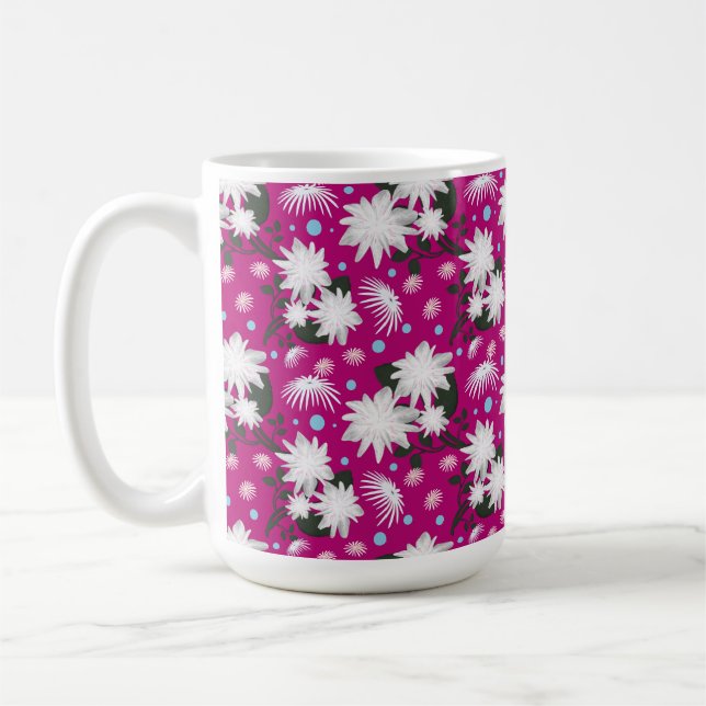 Elegant White Floral Pattern Botanical Design Coffee Mug (Left)