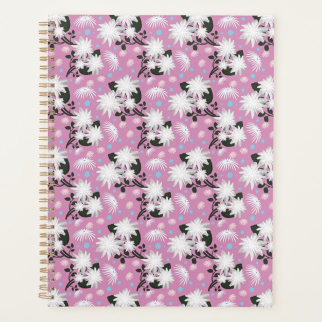 Elegant White Floral Pattern Botanical Design Planner (Front)