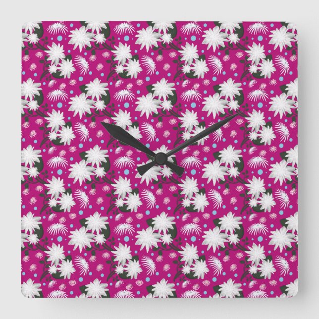 Elegant White Floral Pattern Botanical Design Square Wall Clock (Front)