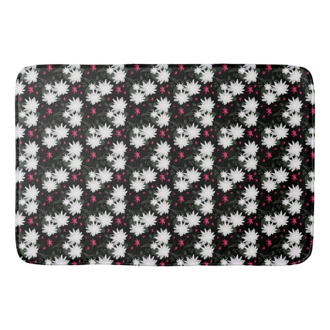 Elegant White Floral Pattern on Black Background Bath Mat (Front)