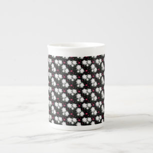 Elegant White Floral Pattern on Black Background Bone China Mug