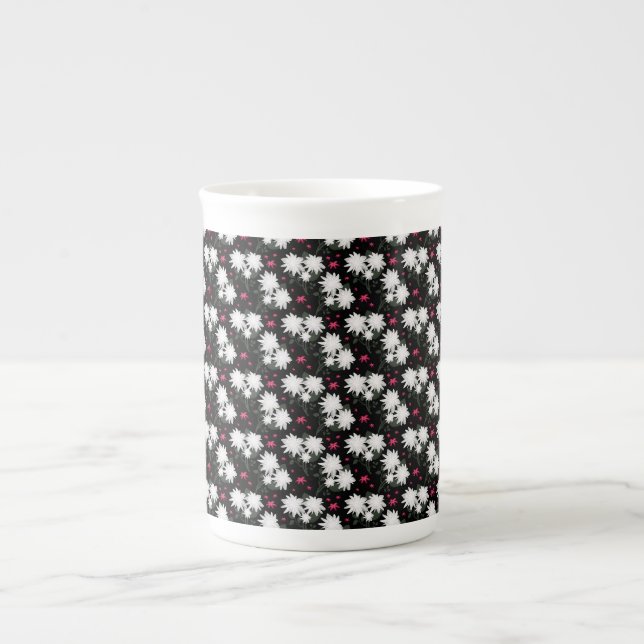 Elegant White Floral Pattern on Black Background Bone China Mug (Front)