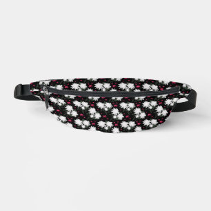Elegant White Floral Pattern on Black Background Bum Bags
