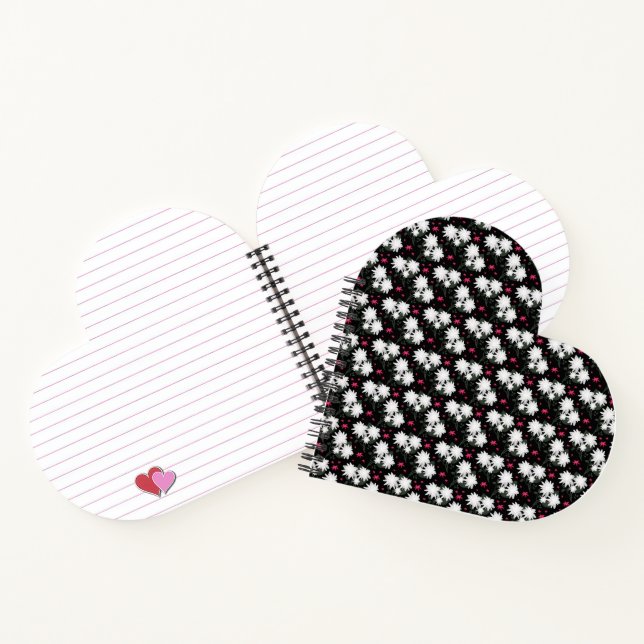 Elegant White Floral Pattern on Black Background Notebook (Inside)