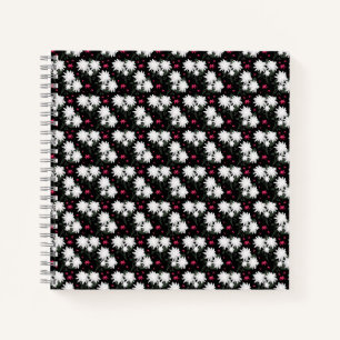 Elegant White Floral Pattern on Black Background Notebook