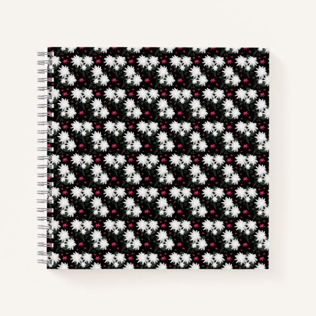 Elegant White Floral Pattern on Black Background Notebook (Front)