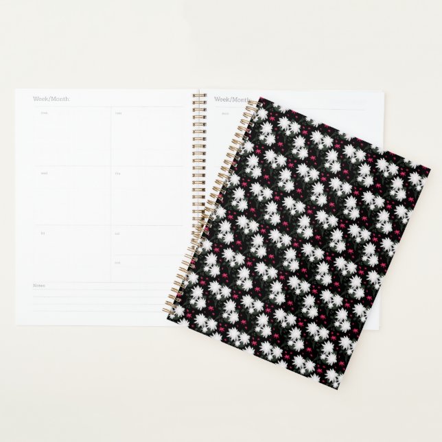 Elegant White Floral Pattern on Black Background Planner (Display)