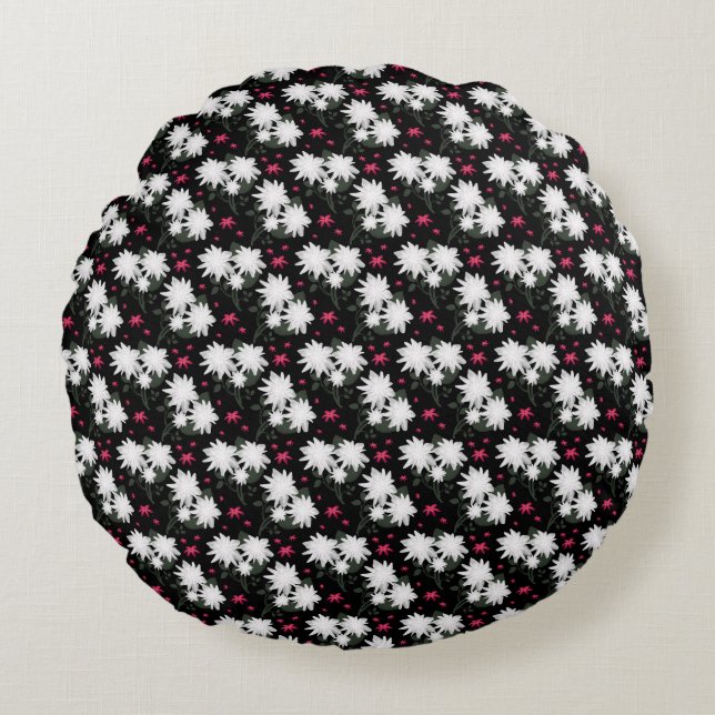 Elegant White Floral Pattern on Black Background Round Cushion (Front)