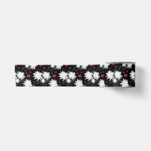Elegant White Floral Pattern on Black Background Satin Ribbon