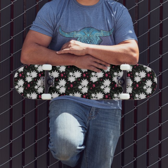 Elegant White Floral Pattern on Black Background Skateboard (Outdoor 3)