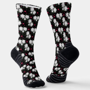 Elegant White Floral Pattern on Black Background Socks