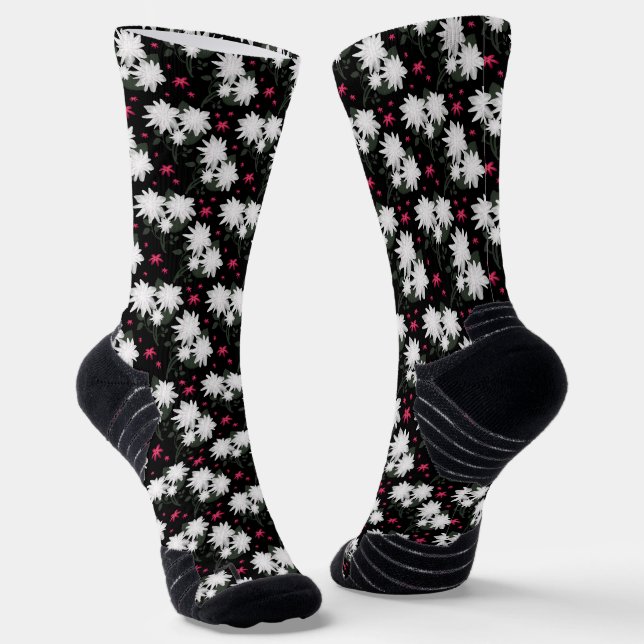 Elegant White Floral Pattern on Black Background Socks (Angled)