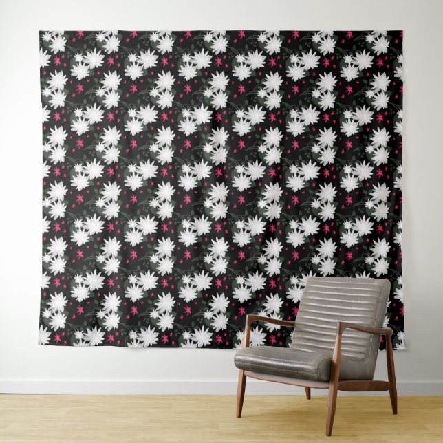 Elegant White Floral Pattern on Black Background Tapestry (In Situ (Horizontal))