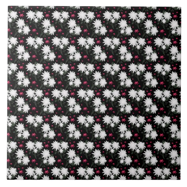 Elegant White Floral Pattern on Black Background Tile (Front)