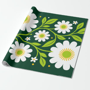 Elegant White Floral Pattern with Green Leaves Wrapping Paper