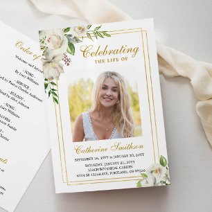 Elegant White Floral Photo Memorial Funeral Programme