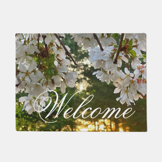 Elegant white floral photo sunrise pine trees doormat (Front)