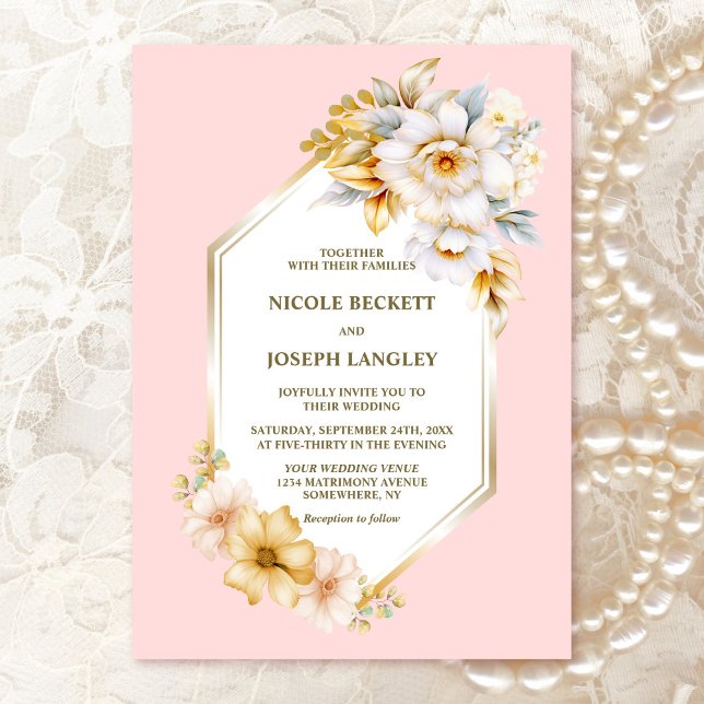 Elegant White Floral Pink Geometric Wedding Invitation (Creator Uploaded)