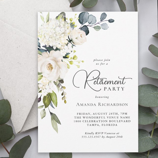 Elegant White Floral Retirement Party Invitation (Available as printed and paperless digital download!)