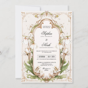 Elegant White Floral Sage Green Art Nouveau Invitation