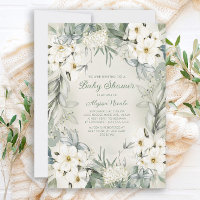 Elegant White Floral Sage Green Leaves Baby Shower