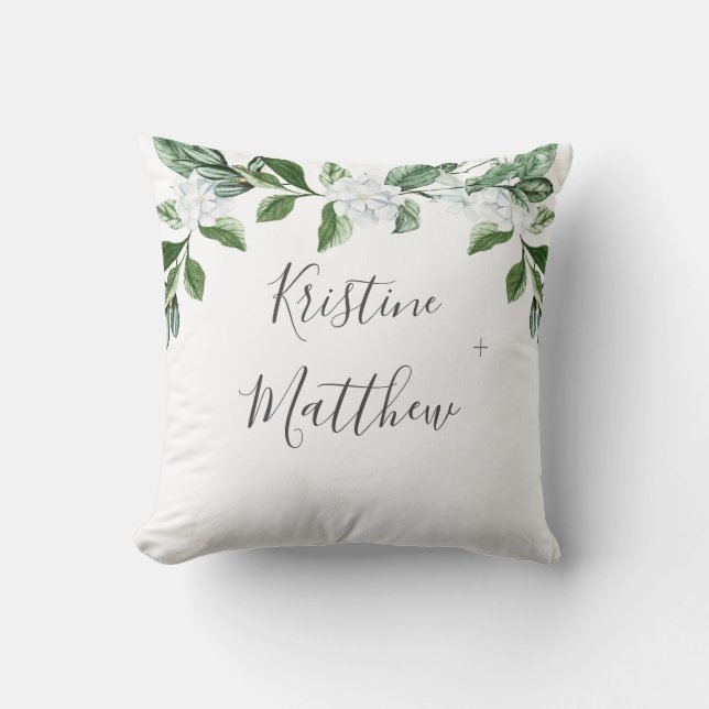 Elegant White Floral Sage Greenery Names Wedding Cushion (Front)