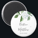 Elegant White Floral Sage Greenery Wreath Wedding Magnet<br><div class="desc">This elegant botanical floral wedding magnet features hand painted watercolor greenery with white magnolia flowers. Personalise with your names and wedding date. Designed by Susan Coffey.</div>