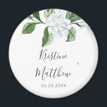 Elegant White Floral Sage Greenery Wreath Wedding Magnet<br><div class="desc">This elegant botanical floral wedding magnet features hand painted watercolor greenery with white magnolia flowers. Personalise with your names and wedding date. Designed by Susan Coffey.</div>